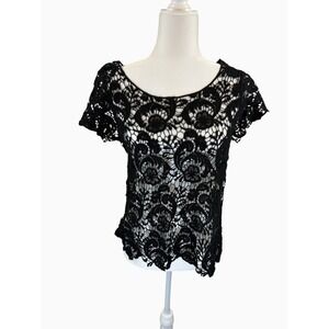 LC Lauren Conrad Black Crochet Lace Sheer Top Women's Small Boho Floral